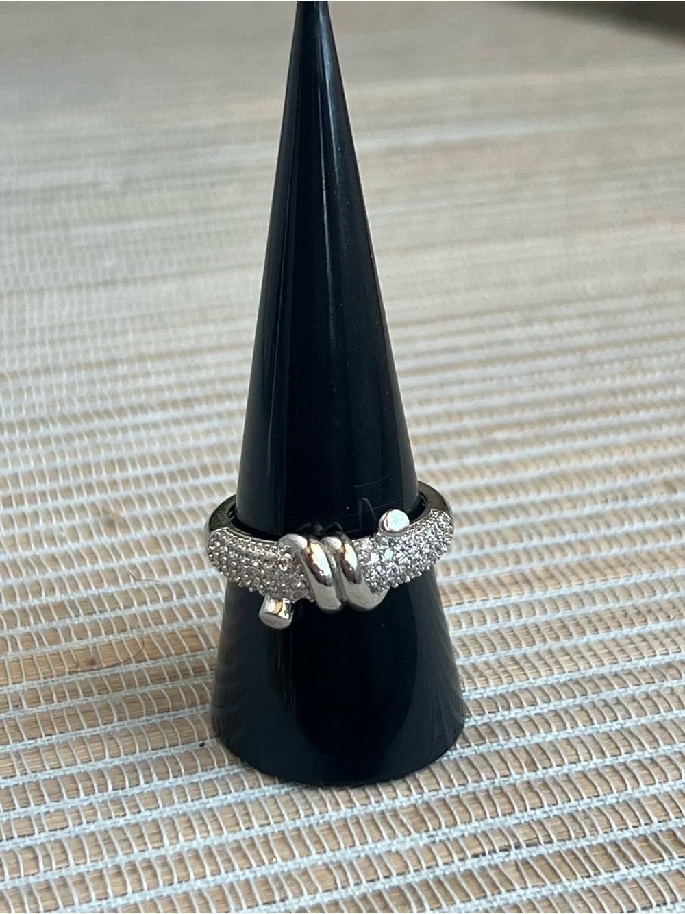 Adjustable Silver plain center Knot with pavé band Ring